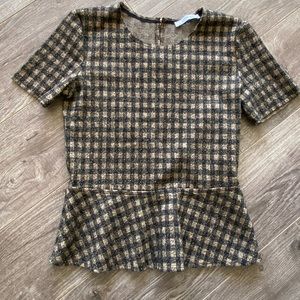 Zara peplum T-shirt blouse| tan and black plaid with gold keyhole button on back